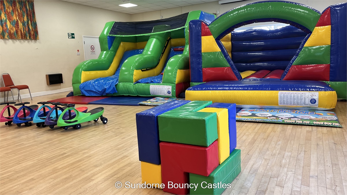 Multi Coloured Bouncy Castle, Slide, Puzzle Cube & Didicars - Bouncy ...